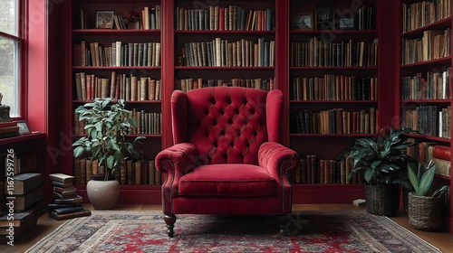 A red chair sits in front of a large bookcase filled with books
