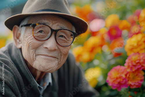 A close-up portrait of an elderly Japanese man in a flower garden