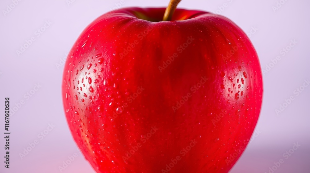 Obraz premium Fresh red apple with droplets on a light purple background