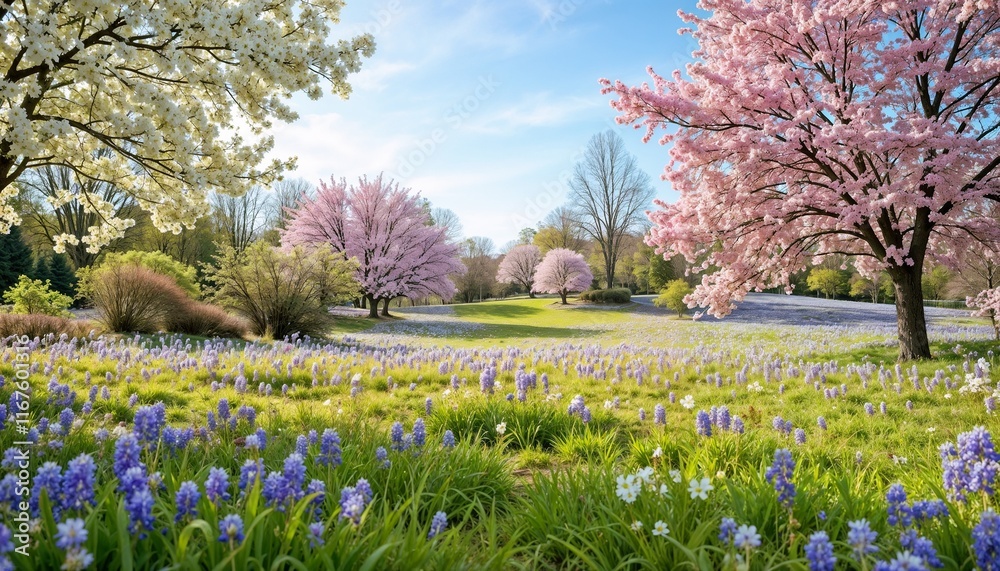 Spring garden with blooming trees and grass Spring garden with blooming trees and grass