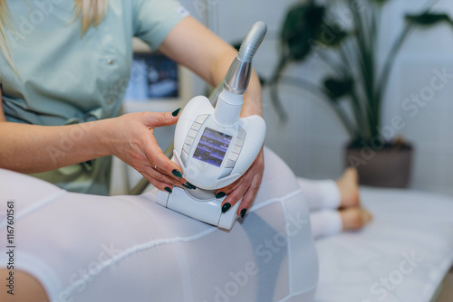 Lpg massage procedure. Hands of therapist holding lipomassage tool.  photo