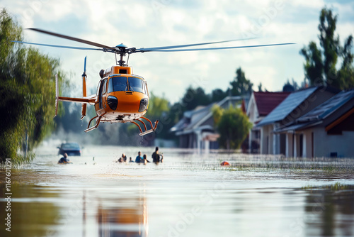 A rescue helicopter hovering over a flooded neighborhood, winching people to safety. photo