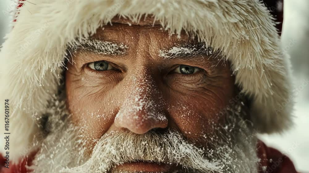Elderly man with snow-covered beard and Santa hat gazes at the viewer during a winter celebration Elderly man with snow-covered beard and Santa hat gazes at the viewer during a winter celebration