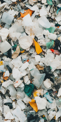 Overhead view of mixed colorful plastic waste pollution in landfill photo