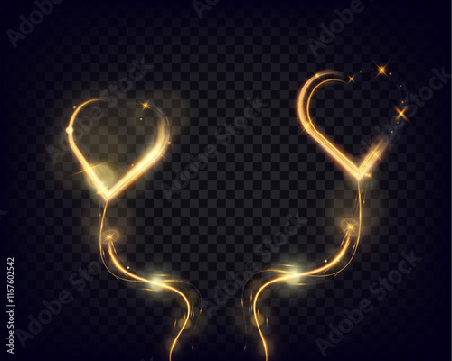 Golden glowing light trail forming a heart shape with sparkles and smooth curves on dark background, symbolizing love, romance, and celebration.