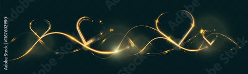 Golden glowing light trail forming a heart shape with sparkles and smooth curves on dark background, symbolizing love, romance, and celebration.