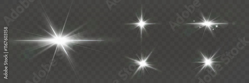 Bright sparkling light effects with starburst flares and glowing beams on a dark transparent background.