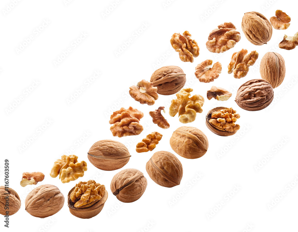 Falling walnuts isolated on white background, cutout Falling walnuts isolated on white background, cutout