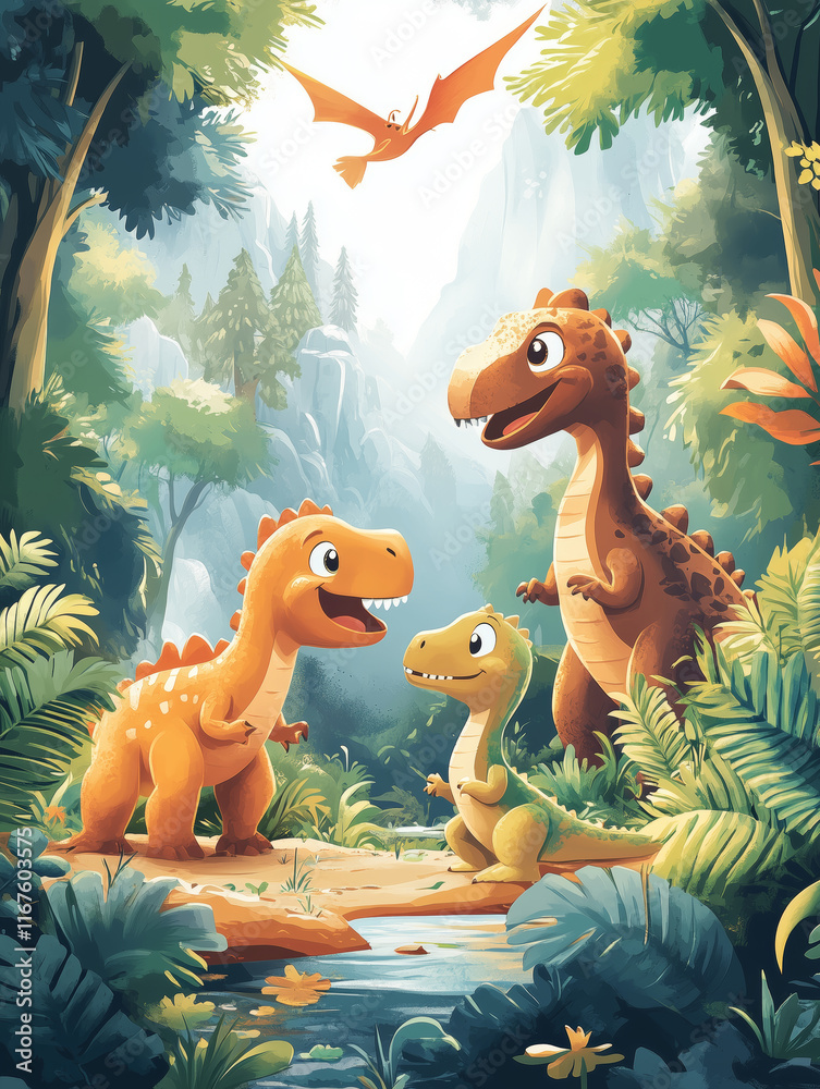 Naklejka premium Exploring a vibrant woodland with friendly dinosaurs under a soft light