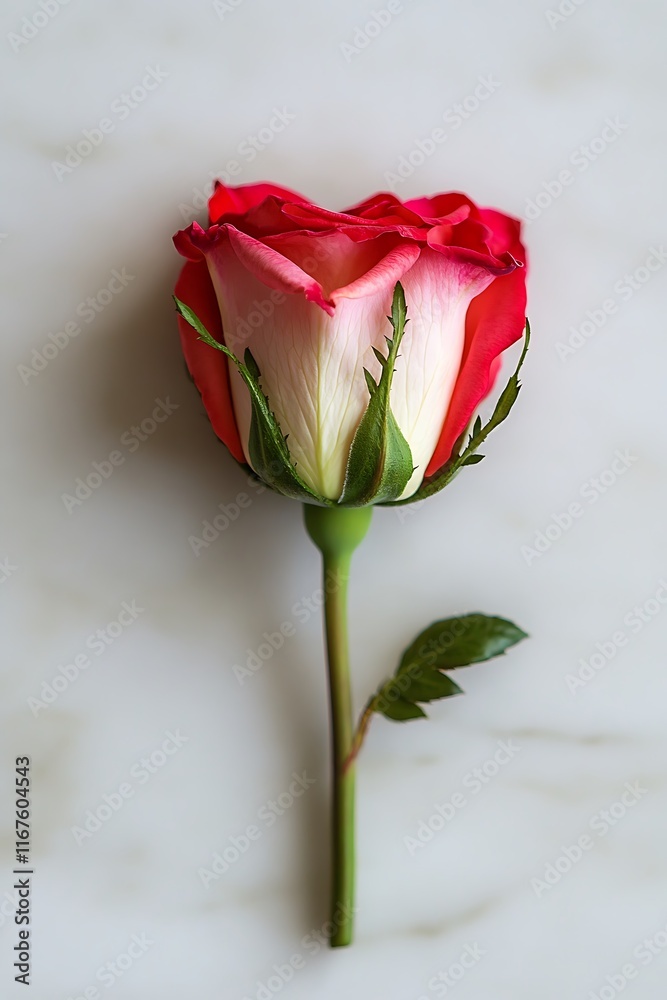 Single red-white rose lies on white marble. Single red-white rose lies on white marble.