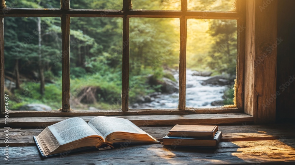Open book on wooden windowsill, scenic view.