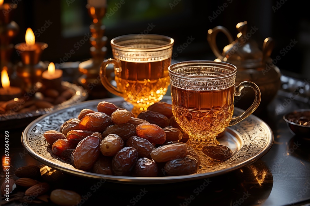 Iftar spread: Dates and tea on ornate plates, lit by candles. Captures the warmth and blessings of breaking fast during Ramadan. Perfect for Ramadan content Iftar spread: Dates and tea on ornate plates, lit by candles. Captures the warmth and blessings of breaking fast during Ramadan. Perfect for Ramadan content