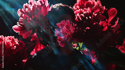 A high-fashion photoshoot of model with peonies 
