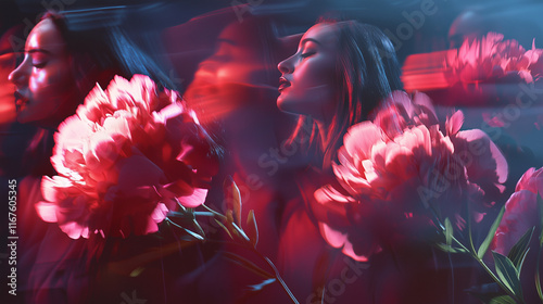 A high-fashion photoshoot of model with peonies 