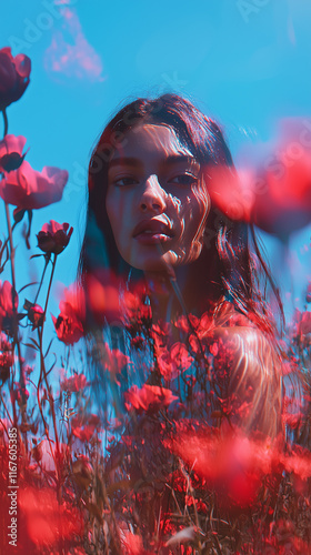 A high-fashion photoshoot of model with peonies 