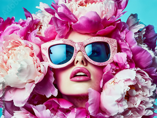 A high-fashion photoshoot of model with peonies 