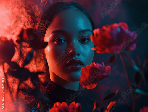 fashion photoshoot of model with peonies 