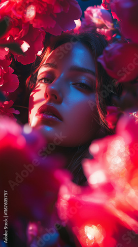 fashion photoshoot of model with peonies 