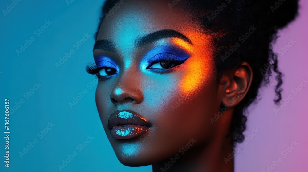 Portrait of a dark-skinned woman with vivid makeup in a colorful neon glow, exuding confidence. Portrait of a dark-skinned woman with vivid makeup in a colorful neon glow, exuding confidence.