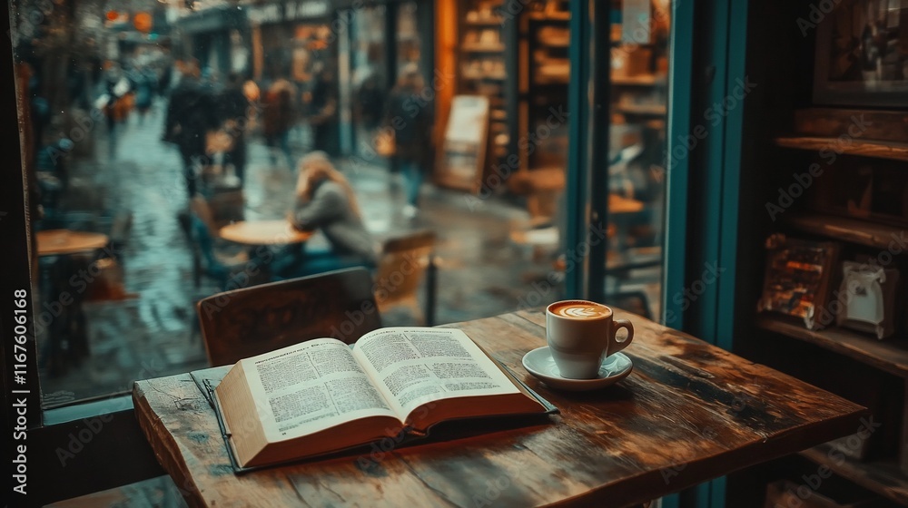 Open book and coffee on cafe table. Open book and coffee on cafe table.