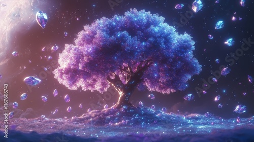 Magical glowing tree in a vibrant fantasy world surrounded by floating crystals. photo