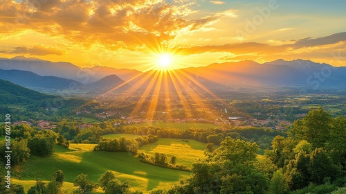 A radiant sunbeam casts its warm glow over a tranquil valley, nestled among majestic, towering mountains as the sun rises majestically in the sky