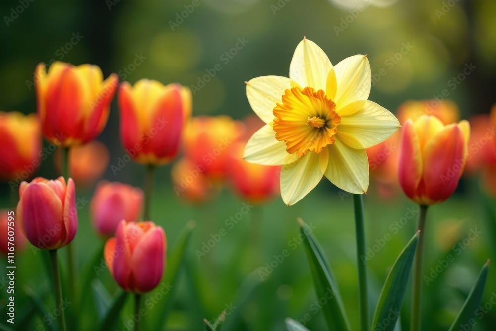 Narcissus flower with tulips blooming in a garden , flowers garden, easter flowers Narcissus flower with tulips blooming in a garden , flowers garden, easter flowers