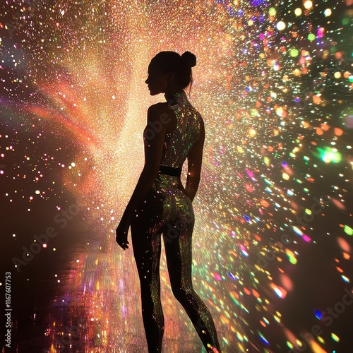 Silhouette of a woman surrounded by an explosion of glowing lights, creating a vibrant cosmic scene. photo