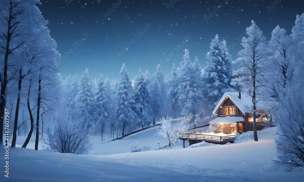 Fototapeta premium Cozy log cabin nestled in snow covered forest at night during a snowfall