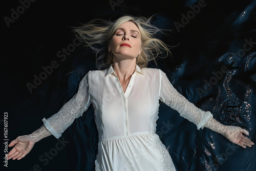 A woman wearing a white dress lying in the dark water looking at the camera, dramatic pose, long flowing hair