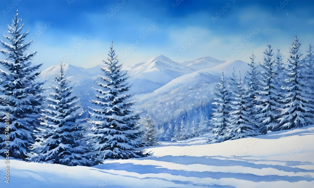Winter wonderland with snow covered pine trees and mountains Winter wonderland with snow covered pine trees and mountains