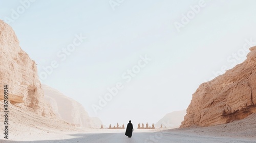 Henotheism Lone pilgrim journeying through an arid desert toward ancient ruins of devotion under dramatic lighting photo