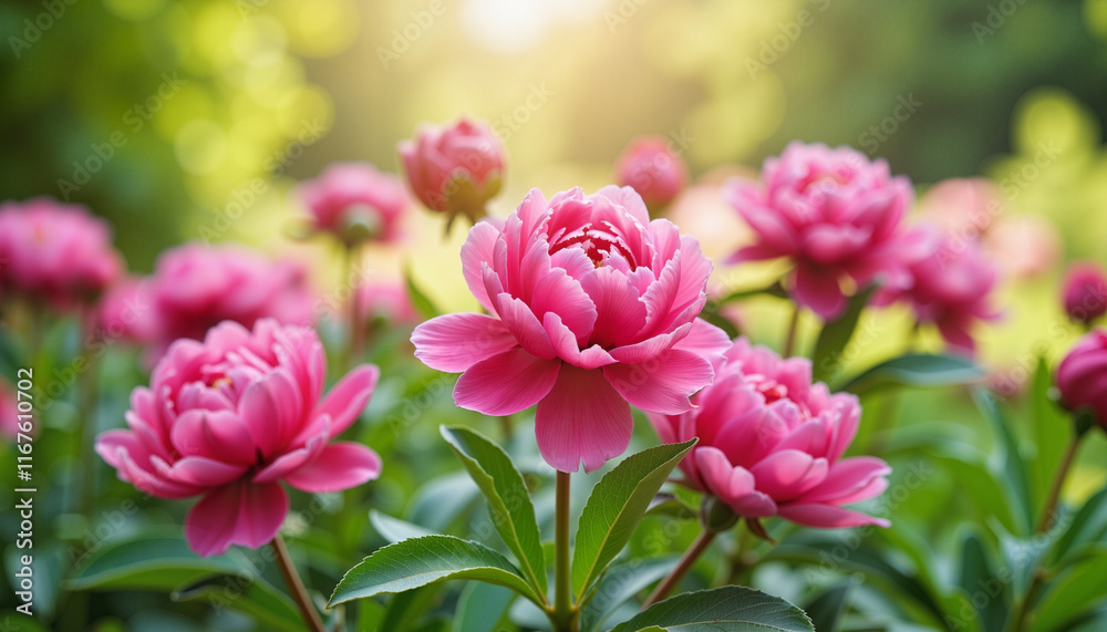 Vibrant pink peonies blooming in lush garden, beauty of nature Vibrant pink peonies blooming in lush garden, beauty of nature