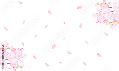 桜の木ー美しい薄いピンク色の桜の花と花びら春の水彩白バックフレーム背景素材イラスト