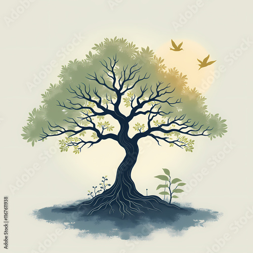 A stylized illustration of a tree with a calming color palette, conveying a sense of peace and serenity. Perfect for projects related to nature, wellness, or meditation.