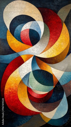 Colorful abstract artwork featuring dynamic swirling shapes and contrasting t...