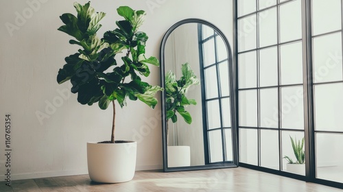 Modern interior featuring a tall plant and a sleek mirror in a bright, minima...