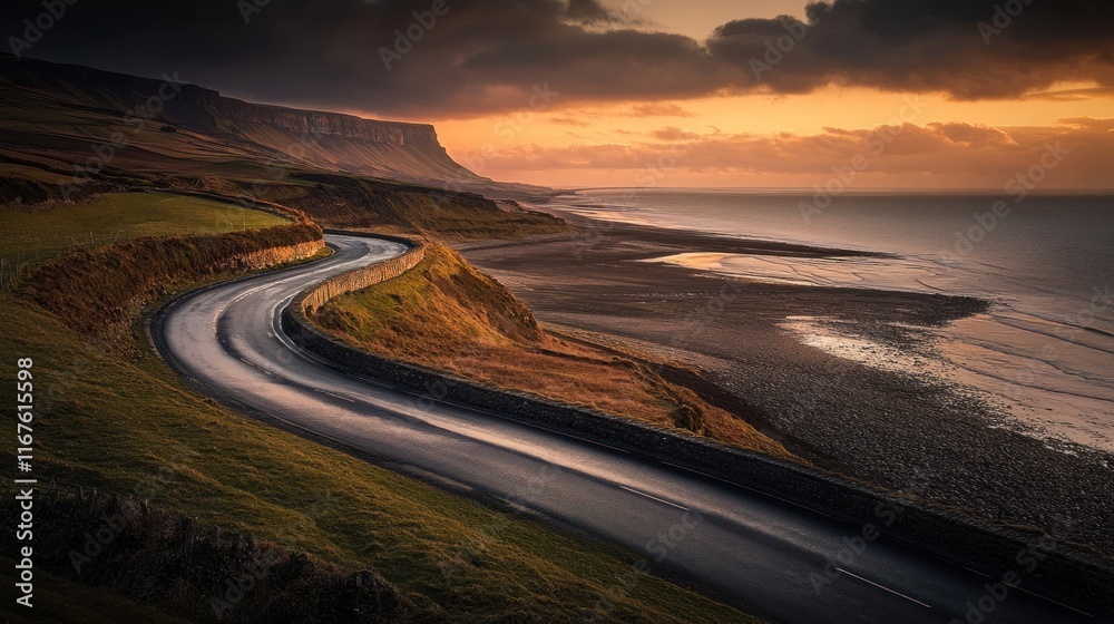 Fototapeta premium Coastal Drive at Sunset: A Serene Journey Along the Cliffs