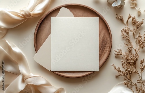 Elegant stationery arrangement on a wooden platter with dried flowers and sil...