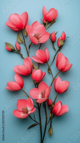 Blooming pink blossoms against a blue background create a vibrant floral display