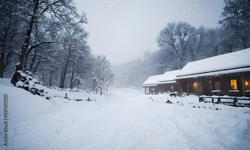 Snowy path leading to log cabins in a winter wonderland photo