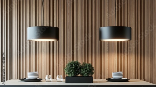 Modern dining area with pendant lighting and wooden wall decor