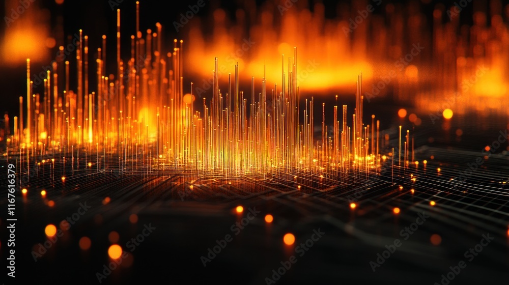 Fototapeta premium Abstract Digital Cityscape: Glowing Towers and Network