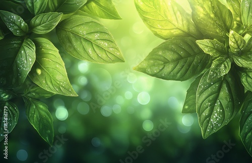 Green leaves shine in soft sunlight with blurred background during the afternoon