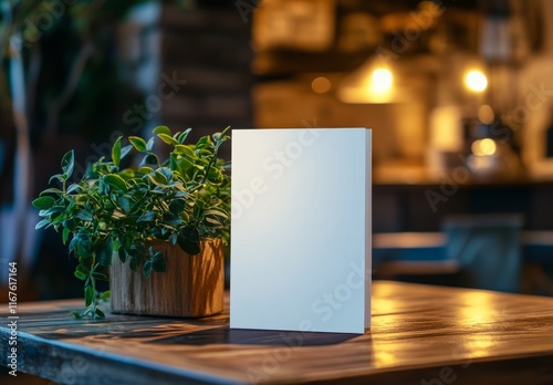 Blank notebook on a wooden table with plant in a cozy cafe setting during eve...