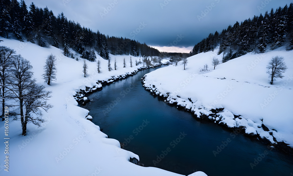 Obraz premium Blue river flowing through snowy landscape in winter