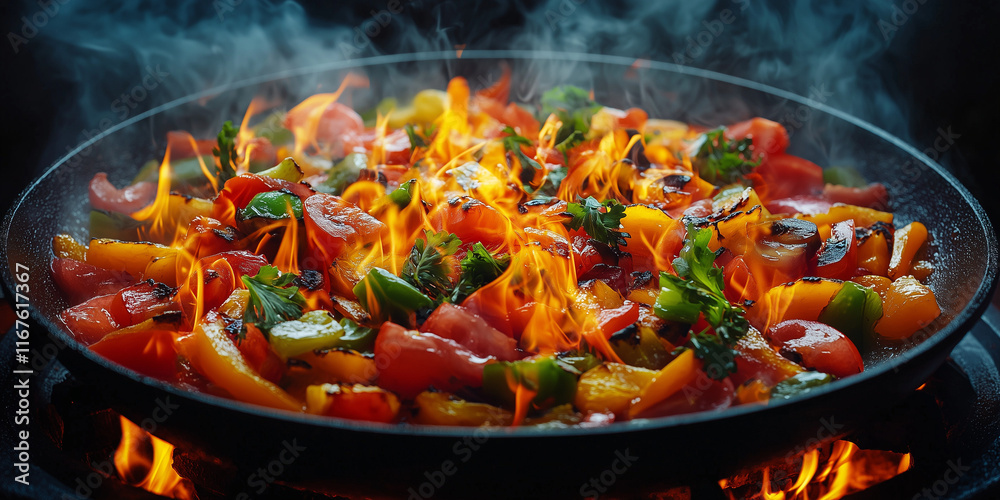 A colorful stir-fry of vegetables, including peppers, is cooking in a pan with flames and steam rising from it.