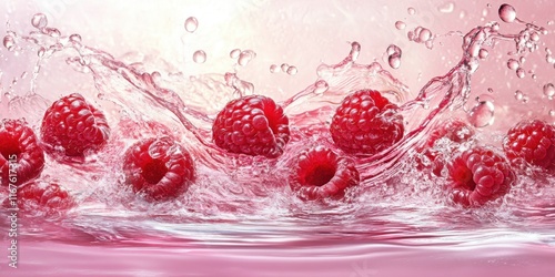 Juicy raspberries leap into sparkling water, causing lively splashes and droplets that reflect light in a joyful and refreshing display