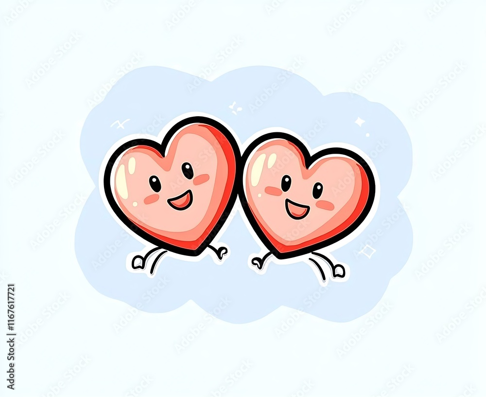 Two cartoon hearts holding hands with happy faces. Two cartoon hearts holding hands with happy faces.