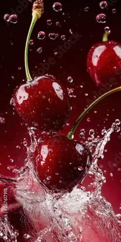 Red cherries plunge into water, creating a dynamic splash against a deep red background, showcasing their freshness and vibrant appearance